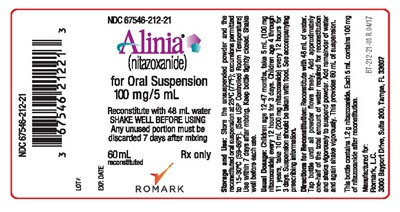CROPPED - BT-212-21-01 R.04_17 - FINAL PROOF - Alina 100mg-5mL OS Label.jpg Alinia for Oral Suspension- Container Label - CROPPED BT 212 21 01 R.04 17 FINAL PROOF Alina 100mg 5mL OS Label